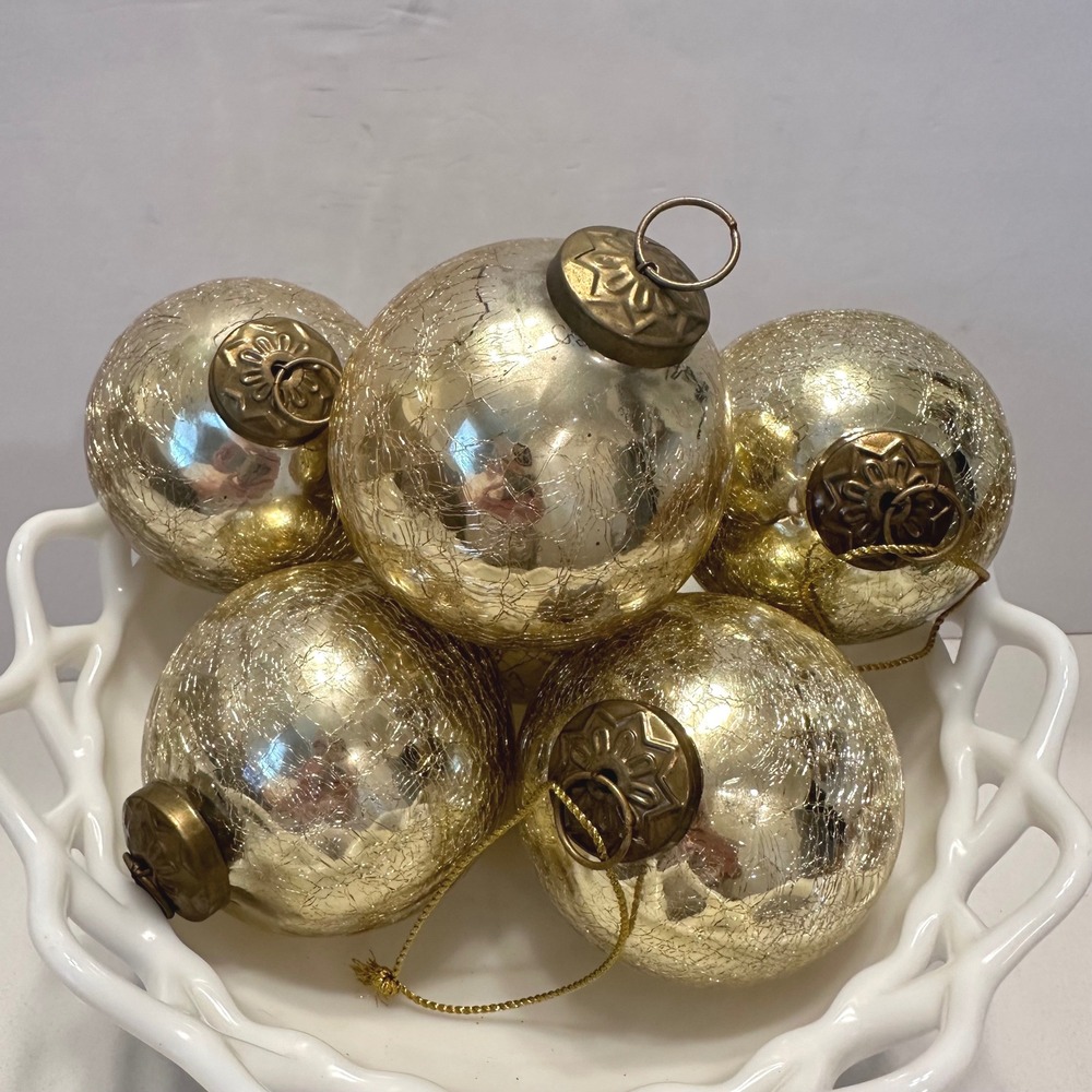 Restoration Hardware Gold Crackle Glass Ball Christmas Ornaments Set of 6 3.5in